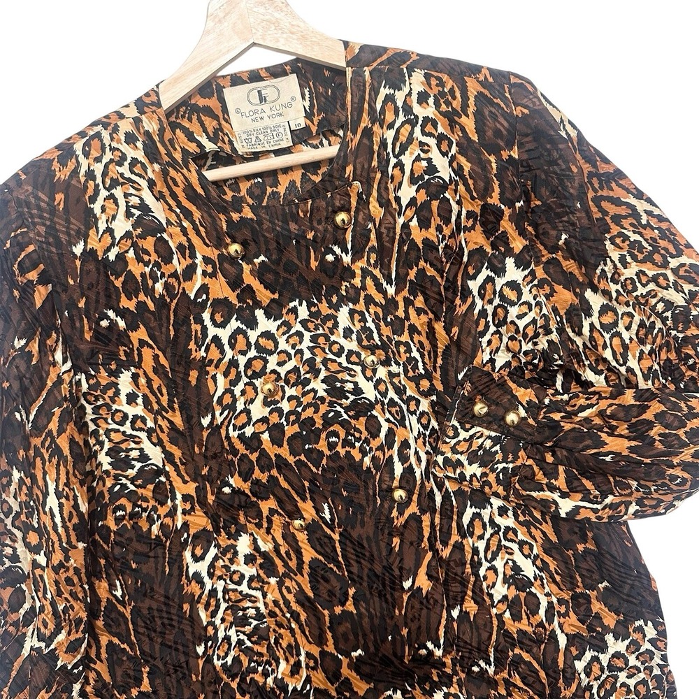 Flora Kung VTG 80s Silk Blouse Sz 10 Lg‎ Bold Animal Print Shoulder Pads Retro